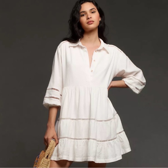 Anthropologie Dresses & Skirts - Anthropologie Maeve Bettina Collared Linen Tiered Mini Shirt Dress Ivory White M